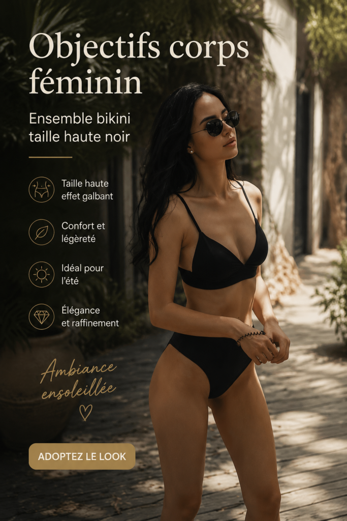 Femme portant un bikini taille haute élégant sur la plage au soleil