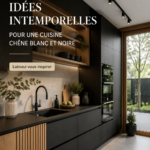 Cuisine moderne en chêne blanc et noir avec îlot central.
