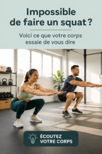 Femme en train de faire un squat, illustrant les techniques correctes et l'écoute du corps