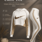 Ensemble Nike blanc et marron, leggings et crop top pour femmes