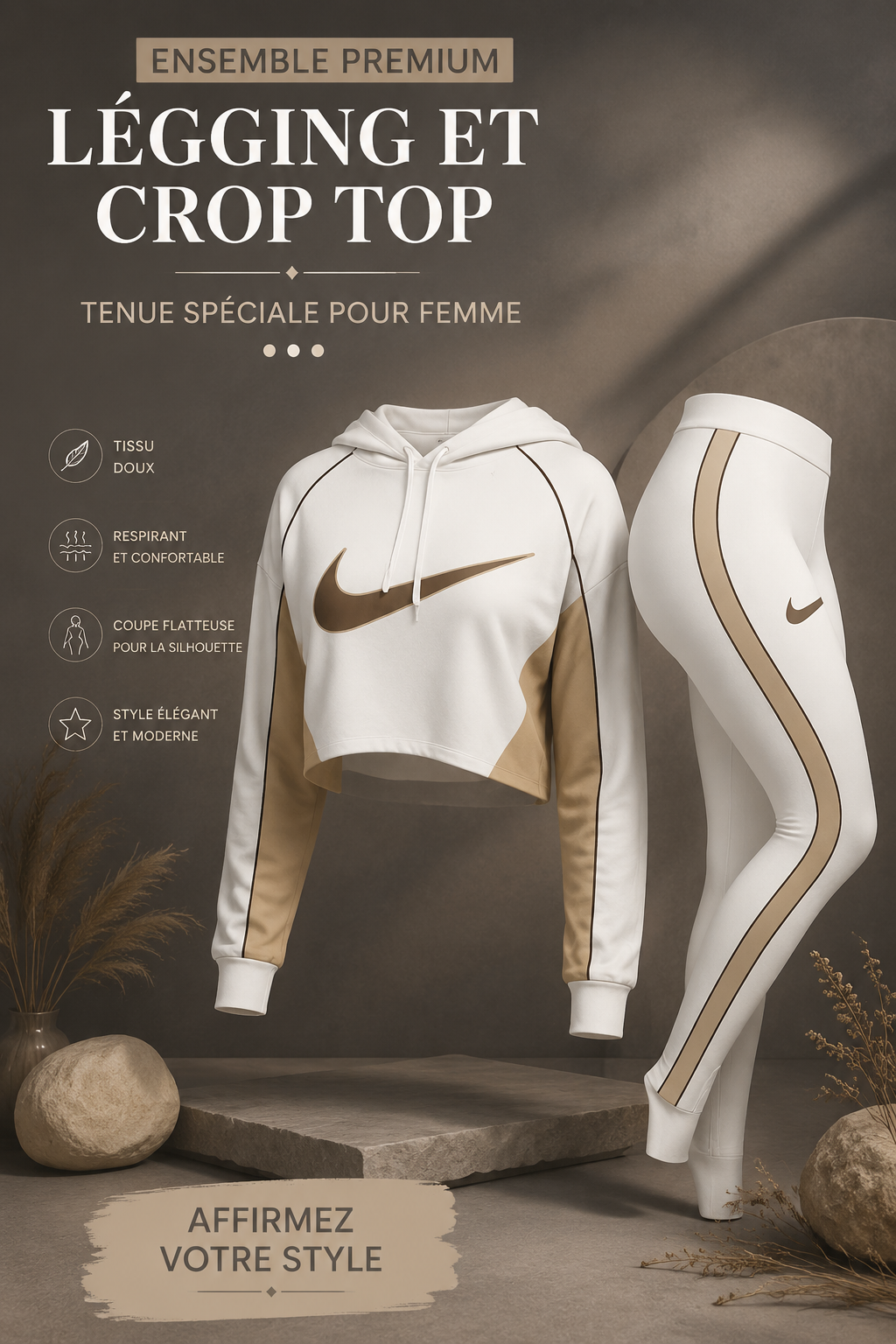 Ensemble Nike blanc et marron, leggings et crop top pour femmes