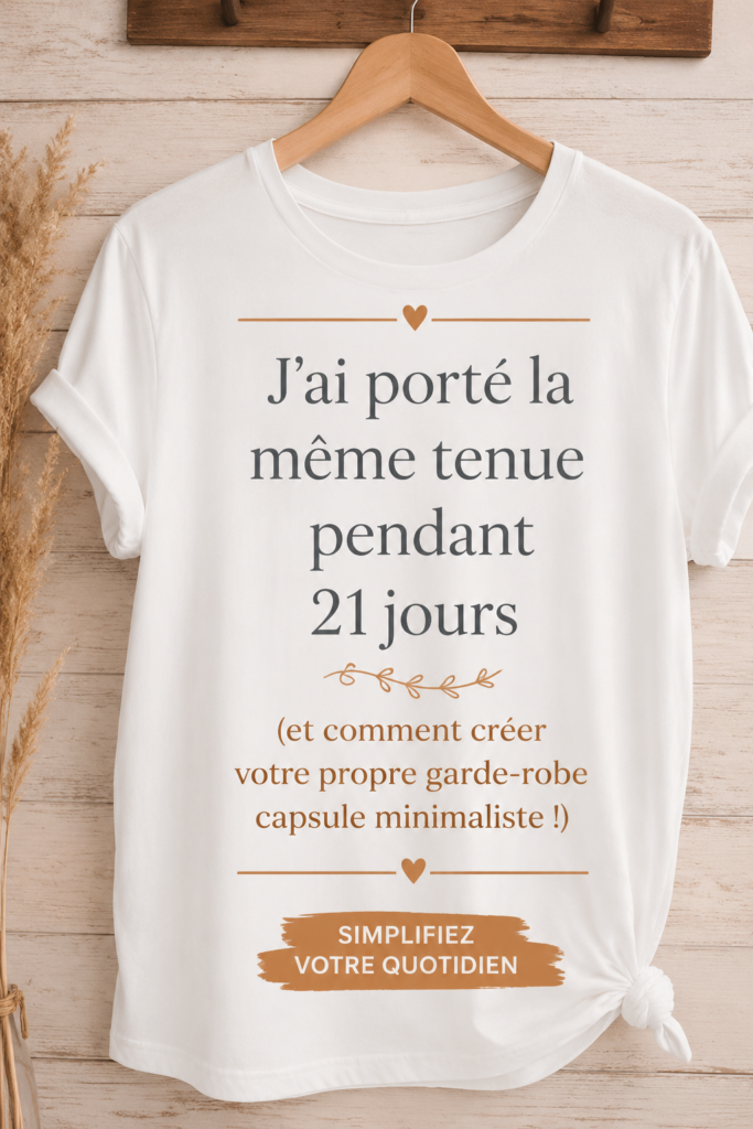 Une femme souriante portant une tenue stylée issue de sa garde-robe capsule, entourée de vêtements organisés.