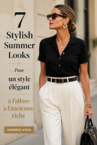 Femme en été avec un look élégant et intemporel, vêtue de pièces classiques et raffinées.
