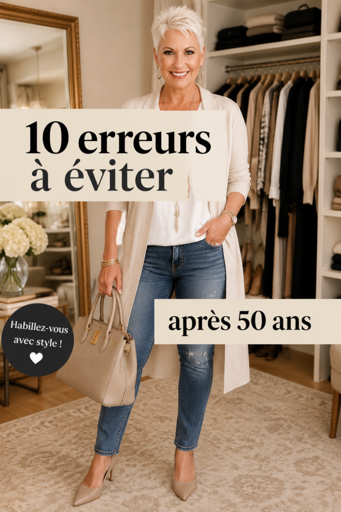 Femme de plus de 50 ans portant une tenue élégante et adaptée à son style personnel.