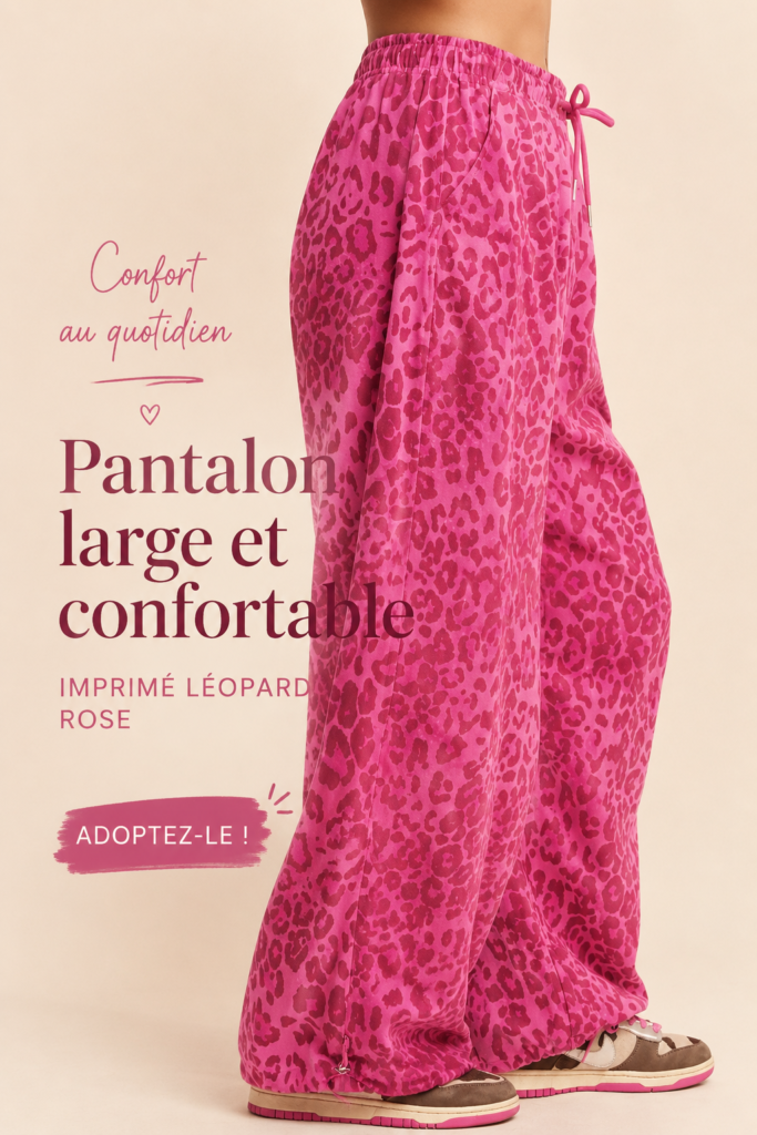 Pantalon large en léopard rose sur un fond neutre, parfait pour un look boho.