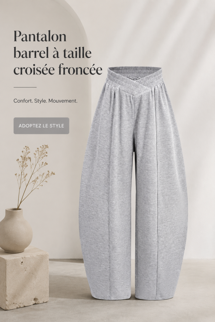 Femme moderne portant un pantalon à taille froncée lors d'une sortie en ville.
