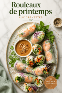 Rouleaux de printemps aux crevettes fraîchement préparés sur une assiette colorée.
