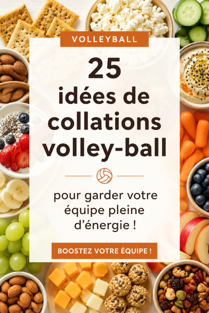 Assortiment de snacks sains pour une équipe de volley, incluant fruits secs et barres énergétiques.