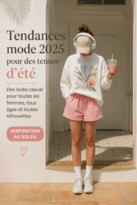 Femme portant une tenue estivale tendance, créative et décontractée.