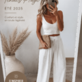 Femme portant une jolie tenue de plage confortable et stylée en été.