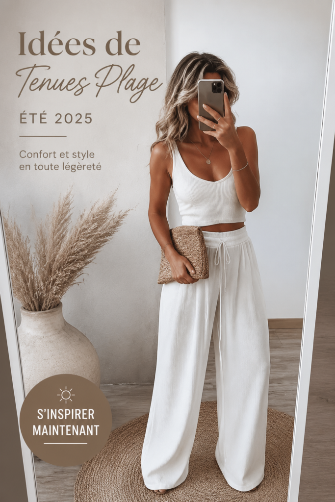 Femme portant une jolie tenue de plage confortable et stylée en été.