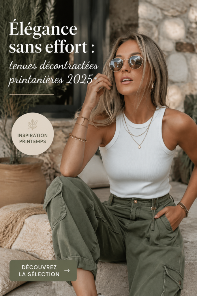 Femme portant une élégante tenue printanière décontractée en 2025.