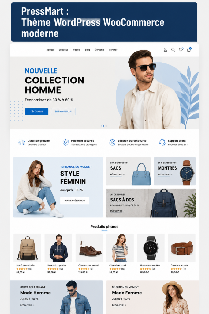 Capture d'écran d'un thème WordPress moderne et attrayant pour une boutique en ligne.