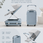Valise innovante qui se transforme en poussette, idéale pour voyager avec des enfants.