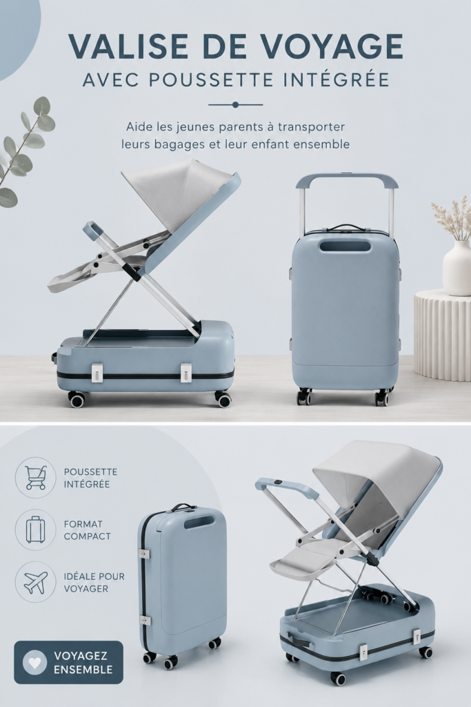 Valise innovante qui se transforme en poussette, idéale pour voyager avec des enfants.