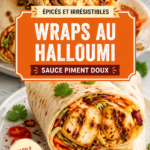 Wraps halloumi au piment doux garnis de légumes frais.