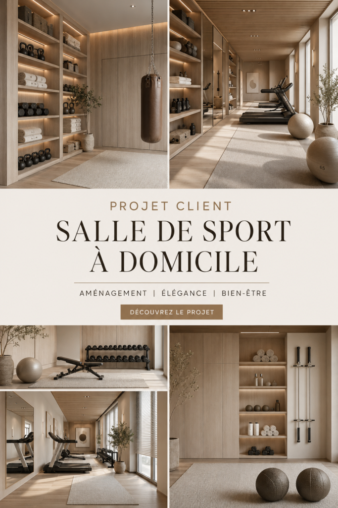 Salle de sport décorée dans un style Japandi, avec des espaces clairs et modernes