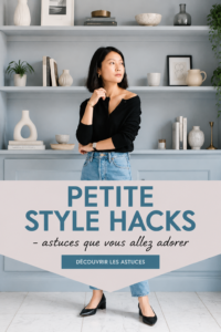 Femme petite en tenue élégante, mettant en avant des astuces mode pour les silhouettes petites.