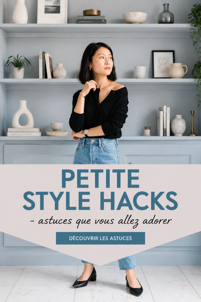 Femme petite en tenue élégante, mettant en avant des astuces mode pour les silhouettes petites.