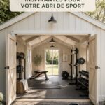 Une femme s'entraîne dans un gym shed aménagé dans son jardin, entourée de verdure.