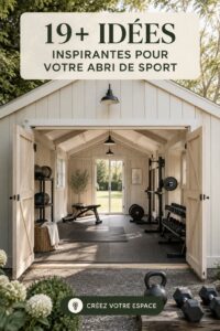 Une femme s'entraîne dans un gym shed aménagé dans son jardin, entourée de verdure.