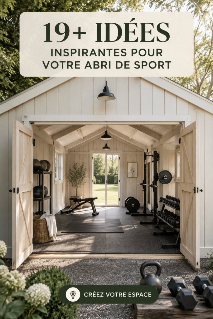 Une femme s'entraîne dans un gym shed aménagé dans son jardin, entourée de verdure.