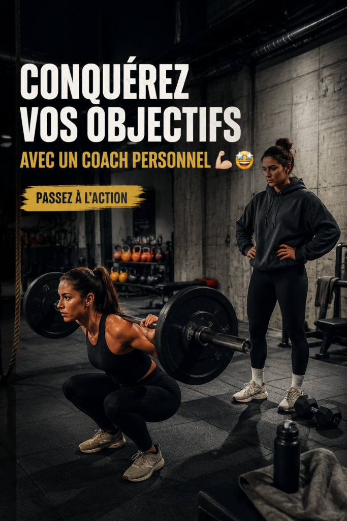 Femme souriante avec un coach personnel dans une salle de sport, travaillant ensemble sur des objectifs fitness.