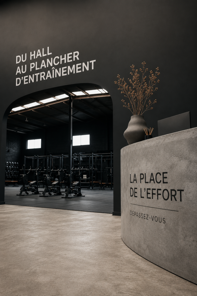 Femme souriante entrant dans une salle de sport, prête à s'entraîner.