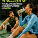 Boisson Celsius sur une table ensoleillée, symbolisant l'énergie positive.