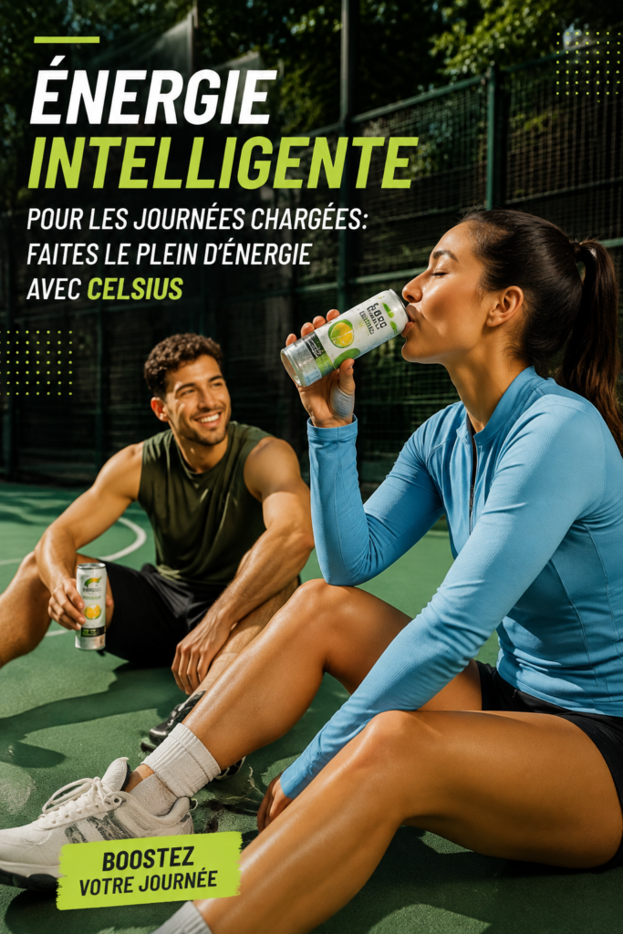 Boisson Celsius sur une table ensoleillée, symbolisant l'énergie positive.