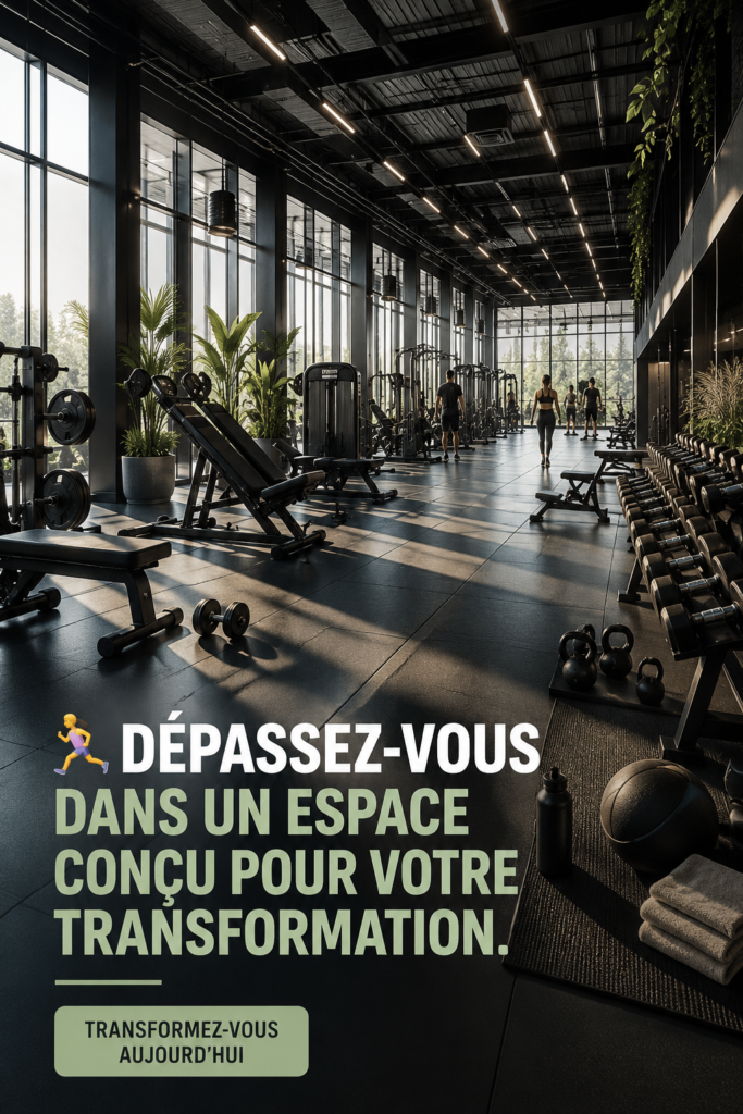 Espace fitness aménagé avec des équipements variés et décorations inspirantes.