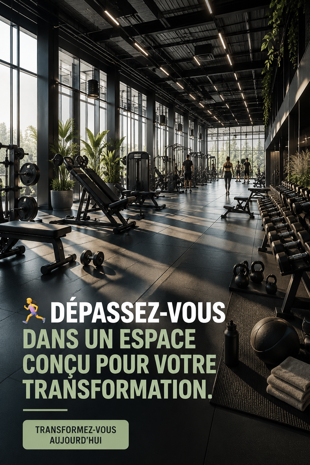 Espace fitness aménagé avec des équipements variés et décorations inspirantes.