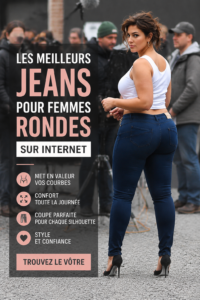 Femme avec des courbes portant un jean tendance dans un cadre urbain.