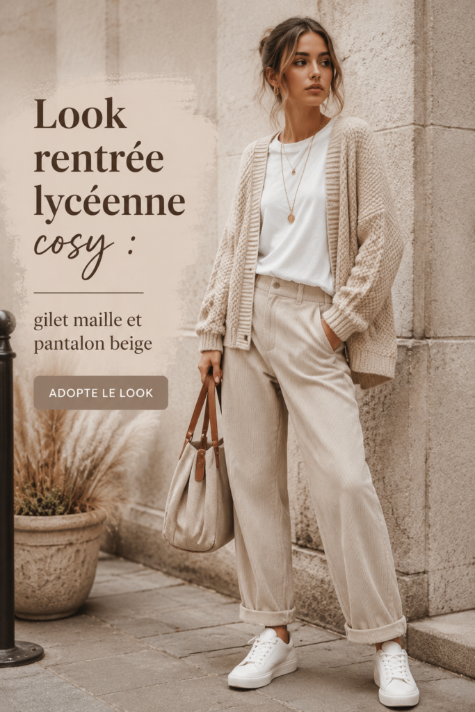 Femme portant un gilet en maille avec un pantalon beige, posant dans un cadre chaleureux.