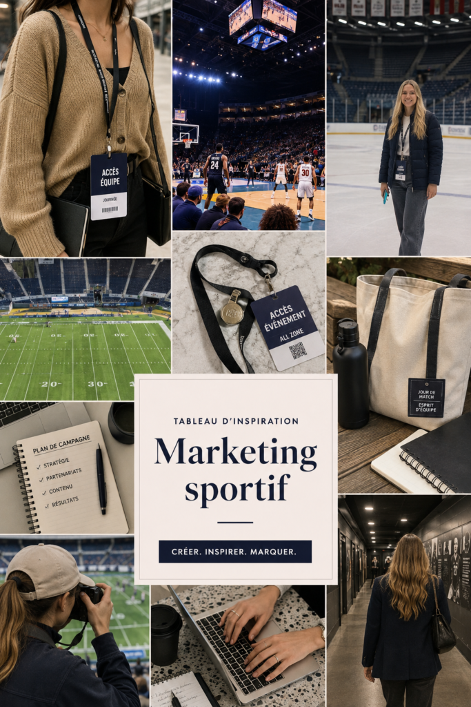 Image d'un mood board marketing sportif avec couleurs vives et photos inspirantes