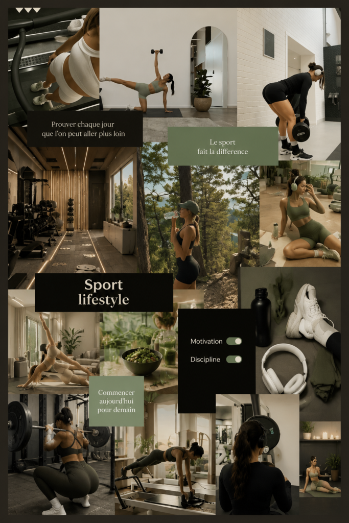 Moodboard sportif combinant vêtements et accessoires pour un style de vie actif