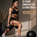 Accessoires de fitness disposés sur un tapis avec des haltères et une bouteille d'eau.