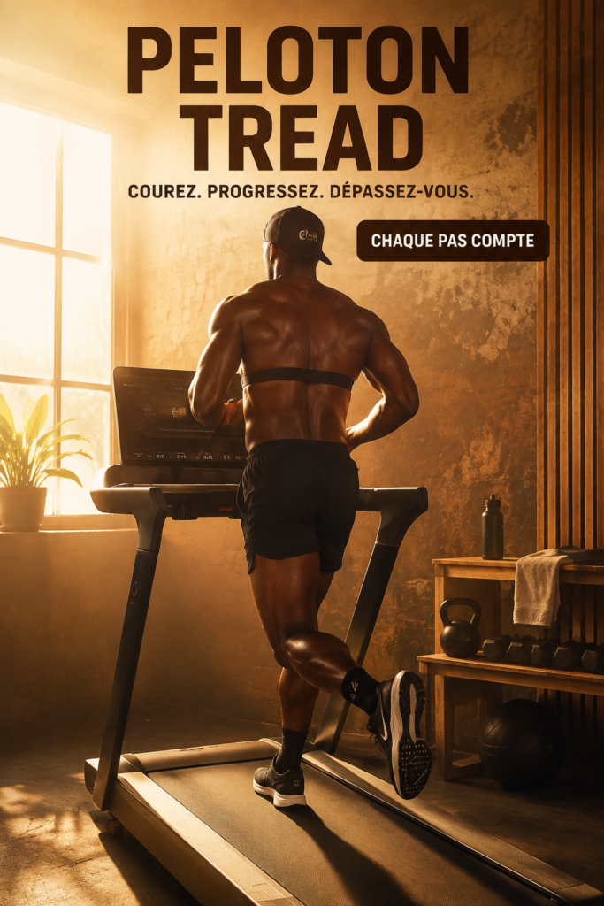 Un utilisateur courant sur un tapis de course Peloton Tread dans un cadre lumineux et motivant