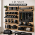 Home gym avec différents équipements de fitness rangés de manière organisée.