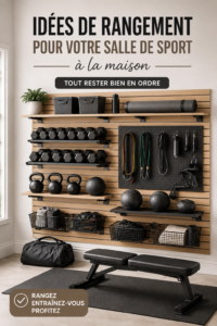 Home gym avec différents équipements de fitness rangés de manière organisée.