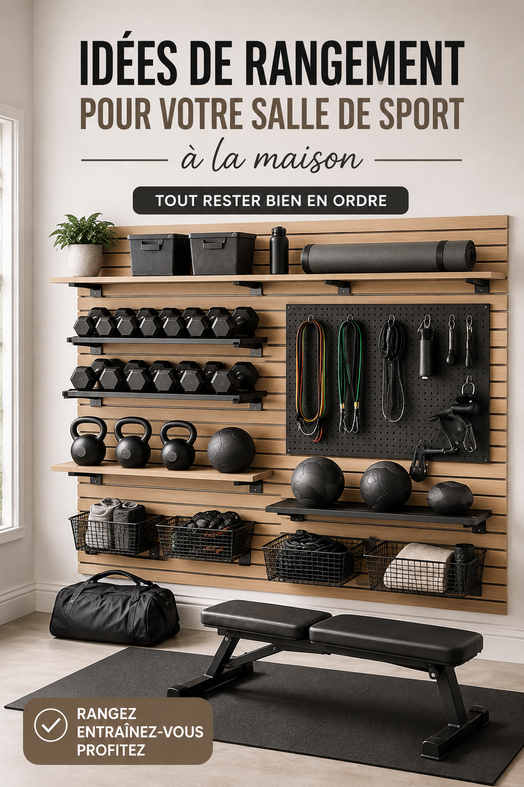 Home gym avec différents équipements de fitness rangés de manière organisée.