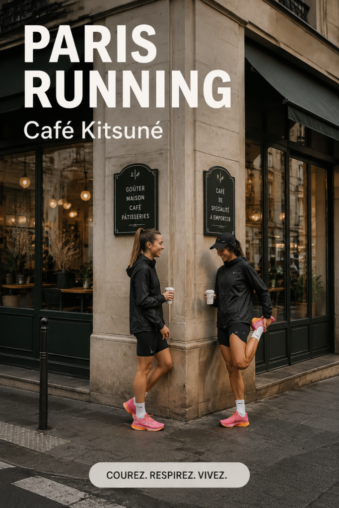 Café Nike x Kitsuné à Paris avec des coureurs savourant leur boisson après un entraînement.