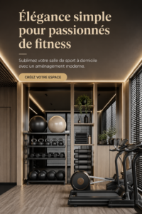 Salle de sport à domicile élégante avec équipements modernes et décoration soignée.