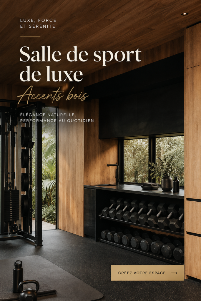 Salle de sport maison avec accents en bois chaleureux