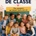 Groupe d'amis posant pour une photo de classe en extérieur, sourires aux lèvres.
