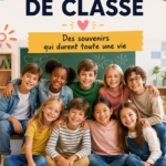 Groupe d'amis posant pour une photo de classe en extérieur, sourires aux lèvres.