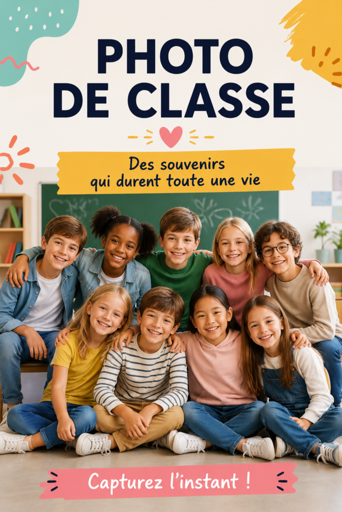 Groupe d'amis posant pour une photo de classe en extérieur, sourires aux lèvres.