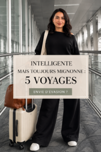 Femme portant une tenue d'aéroport élégante et pratique, prête pour un voyage.