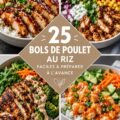 Bols de poulet et riz colorés sur une table en bois
