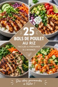 Bols de poulet et riz colorés sur une table en bois